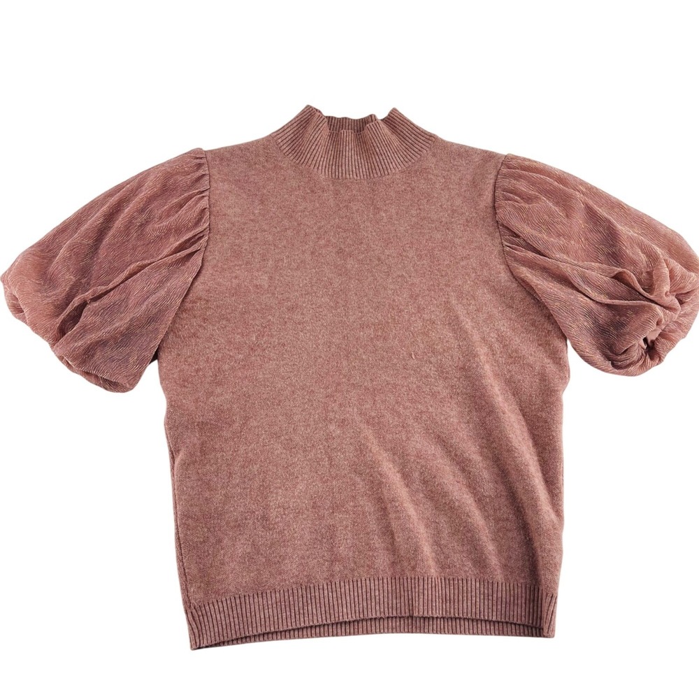 Womens Ontwerfh Puff Sleeve Mock Neck Sweater Top M Pink Polyester Viscose Ribbe